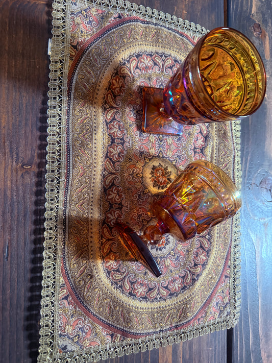 Iridescence Amber Goblets with Broche Doily