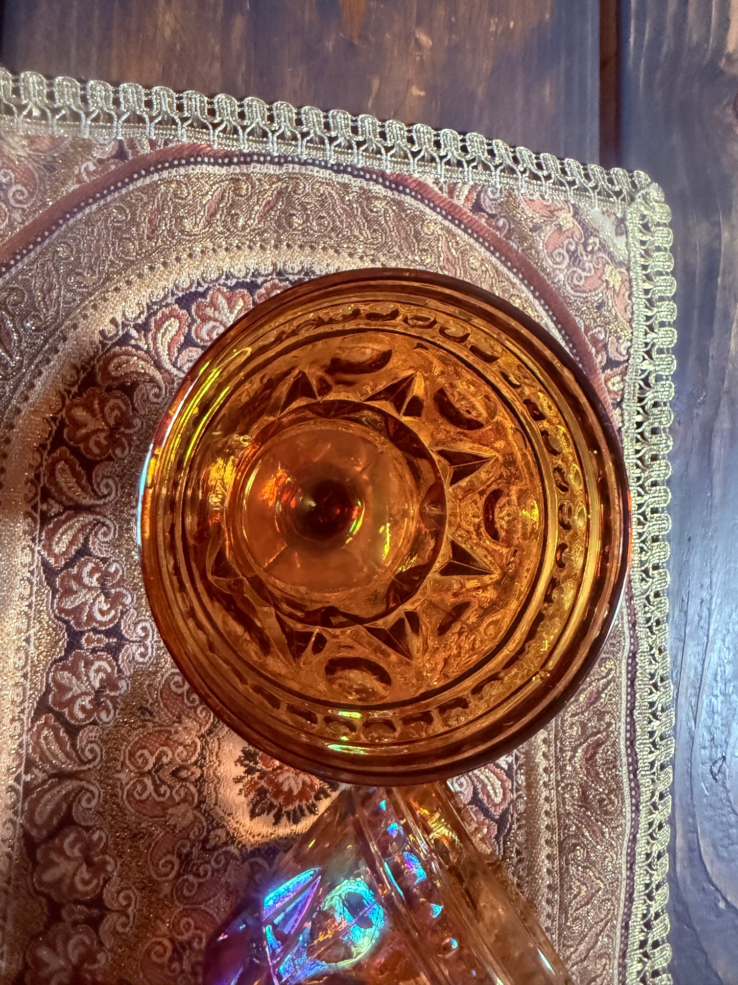 Iridescence Amber Goblets with Broche Doily