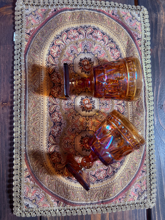 Iridescence Amber Goblets with Broche Doily